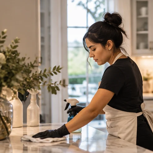 Illustrative photo of a professional carefully cleaning a kitchen