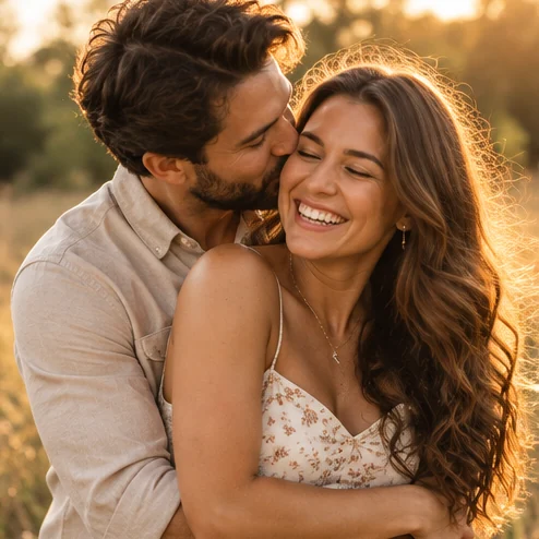 Couple sharing a candid golden-hour moment