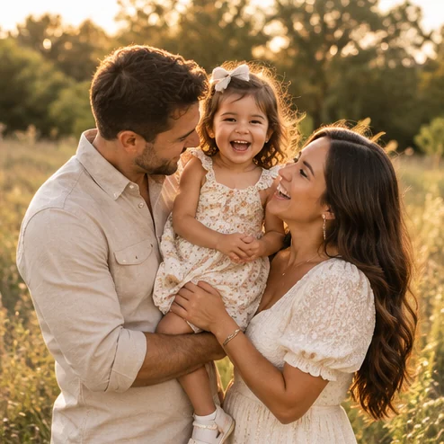 Illustrative family portrait in warm golden-hour light