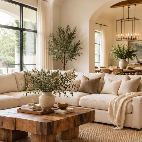 Bright, elegant living space in warm neutral tones